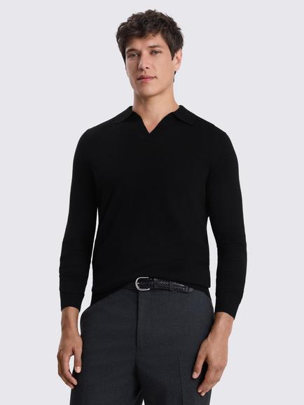 Moss Merino Wool Blend Skipper Polo Shirt, Black