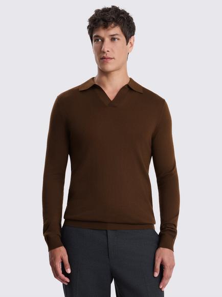Moss Merino Wool Blend Skipper Polo Shirt, Brown