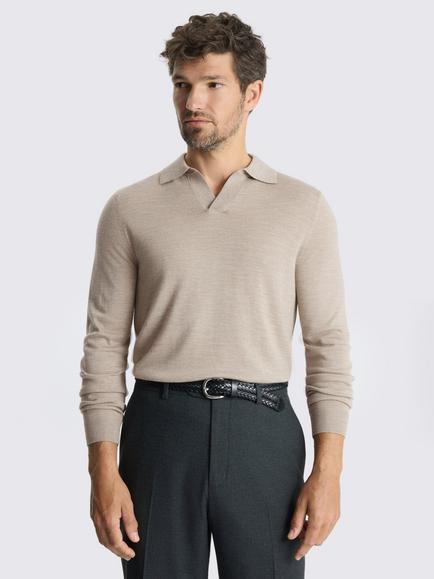 Moss Merino Wool Blend Skipper Polo Shirt, Taupe