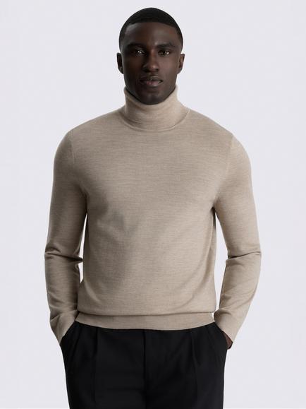 Moss Merino Wool Blend Roll Neck Jumper, Taupe, Taupe