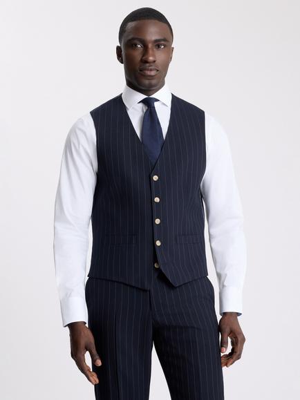 Moss Tailored Fit Stripe Waistcoat, Navy Blue, Navy Blue