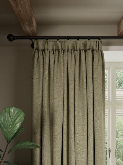 John Lewis Herringbone Pair Blackout Lined Pencil Pleat Curtains, Olive, Olive