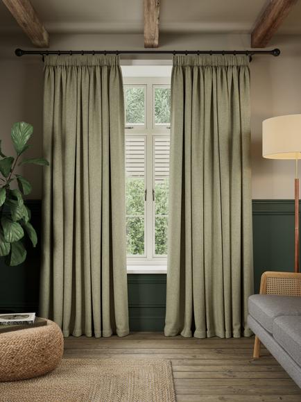 John Lewis Herringbone Pair Blackout Lined Pencil Pleat Curtains, Olive - view 2, Olive