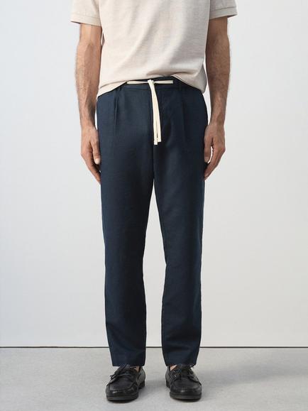Mango Cotton Blend Slim Fit Trousers, Navy, Navy