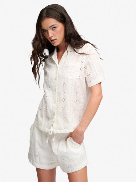 Superdry Heritage Broderie Short Sleeve Shirt, Off White, Off White