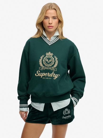 Superdry Country Club Loose V-Neck Sweatshirt, Dark Pine Green, Dark Pine Green