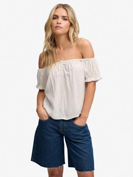 Superdry Bardot Half Button Woven Top, Off White/Multi, Off White/Multi