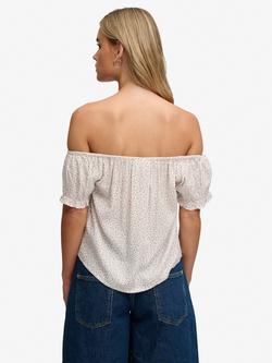 Superdry Bardot Half Button Woven Top, Off White/Multi - view 2, Off White/Multi