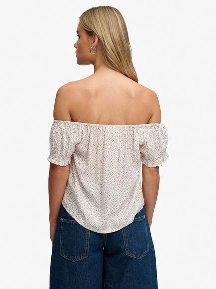 Superdry Bardot Half Button Woven Top, Off White/Multi - view 2, Off White/Multi