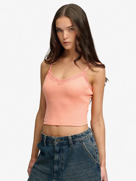 Superdry Essential Lace Trim Cropped Cami Top, Real Peach