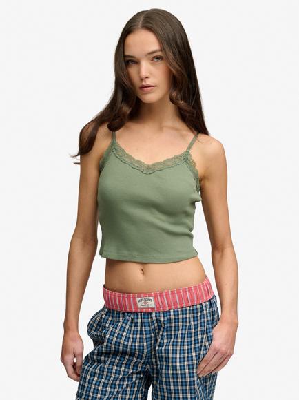 Superdry Essential Lace Trim Cropped Cami Top, Laurel Khaki