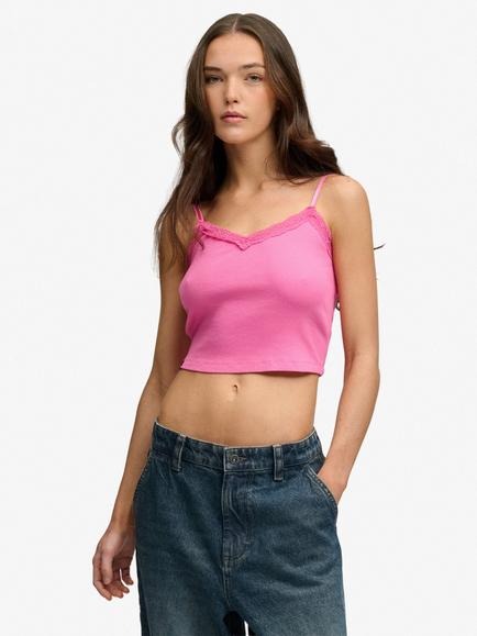 Superdry Essential Lace Trim Cropped Cami Top, Flash Pink