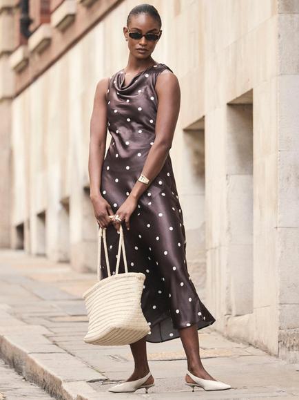Mint Velvet Polka Dot Satin Midi Dress, Brown, Brown