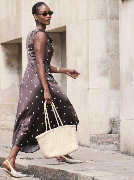 Mint Velvet Polka Dot Satin Midi Dress, Brown - view 2, Brown