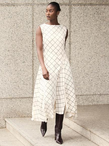 Mint Velvet Checked Satin Midi Dress, Cream, Cream