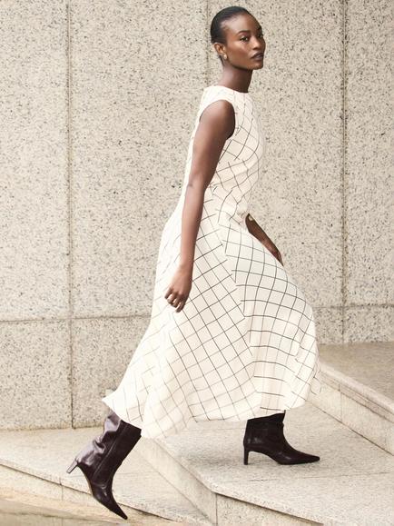Mint Velvet Checked Satin Midi Dress, Cream - view 2, Cream
