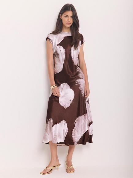 Mint Velvet Abstract Print Satin Midi Dress, Brown, Brown