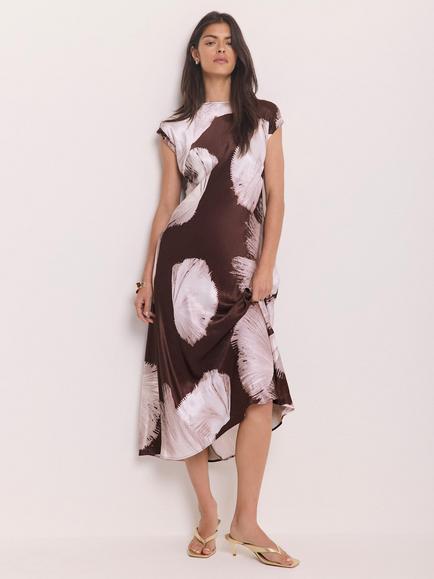 Mint Velvet Abstract Print Satin Midi Dress, Brown - view 2, Brown