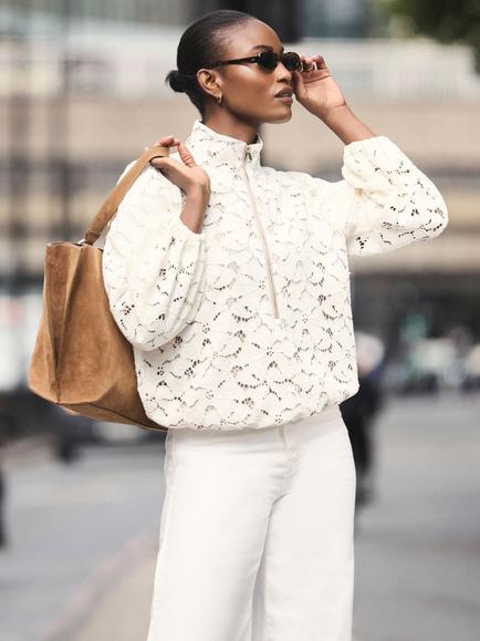Mint Velvet Lace Zip Detail Bomber Blouse, Natural, Natural