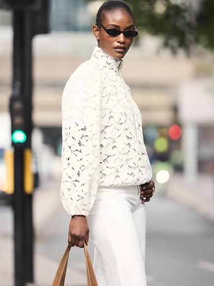 Mint Velvet Lace Zip Detail Bomber Blouse, Natural - view 2, Natural