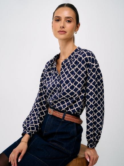 Crew Clothing Louisa Rope Print Button-Through Blouse, Navy/Multi, Navy/Multi