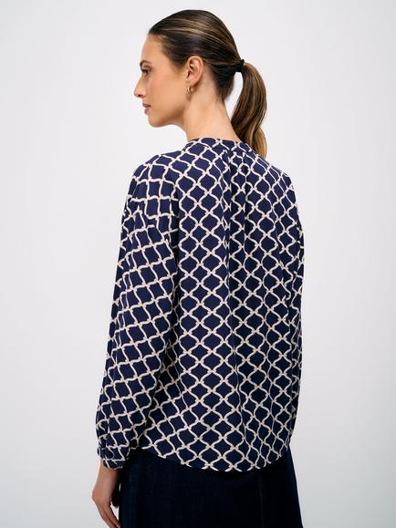 Crew Clothing Louisa Rope Print Button-Through Blouse, Navy/Multi - view 2, Navy/Multi