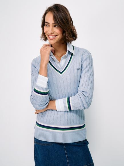 Crew Clothing Cotton Cable Cricket Jumper, Light Blue, Light Blue