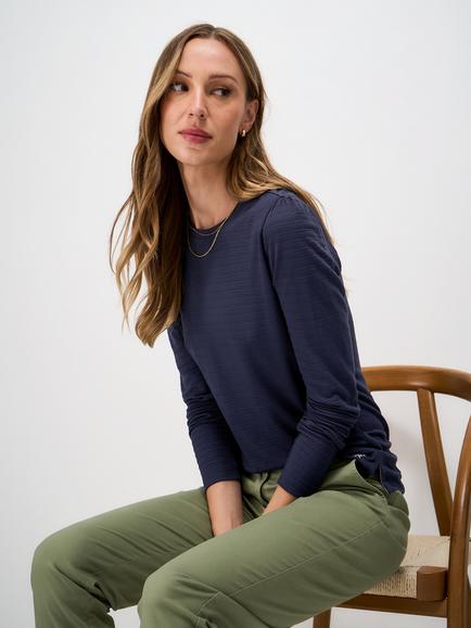 Crew Clothing Textured Stripe Long Sleeve Top, Navy Blue, Navy Blue
