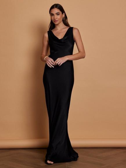 black straight dresses AW.Bridal A-line Straight Neckline Floor Length Sleeveless Spaghetti Straps Backless Long Bridesmaid Dresses Dress Black Size 18