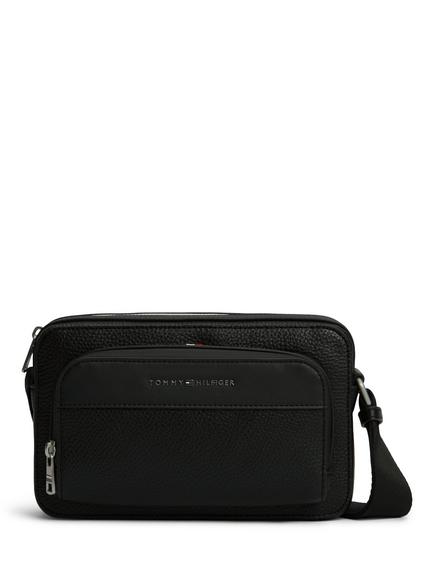 Tommy Hilfiger Metal Logo Textured Crossbody Reporter Bag, Black, Black