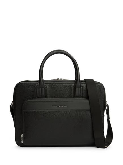 Tommy Hilfiger Metal Logo Textured Slim Laptop Bag, Black, Black