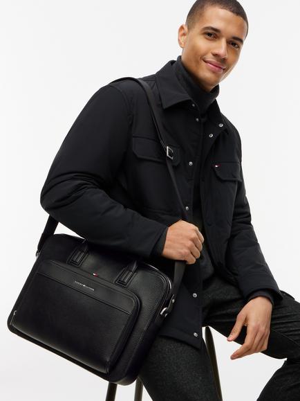 Tommy Hilfiger Metal Logo Textured Slim Laptop Bag, Black - view 2, Black