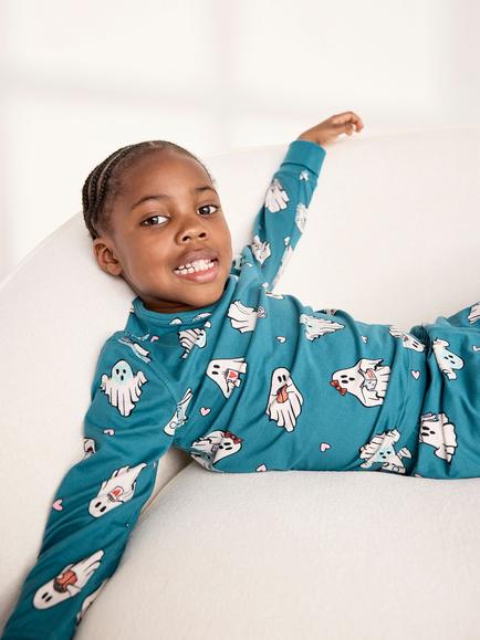 Chelsea Peers Kids' Halloween Ghost Print Long Pyjama Set, Teal/Multi - view 2, Teal/Multi