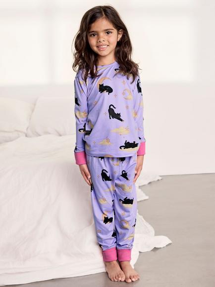 Chelsea Peers Kids' Halloween Cat Print Long Pyjama Set, Lilac/Multi, Lilac/Multi