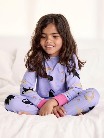 Chelsea Peers Kids' Halloween Cat Print Long Pyjama Set, Lilac/Multi - view 2, Lilac/Multi