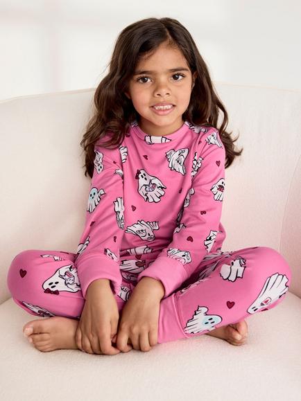 Chelsea Peers Kids' Halloween Ghost Print Long Pyjama Set, Bright Pink/Multi, Bright Pink/Multi