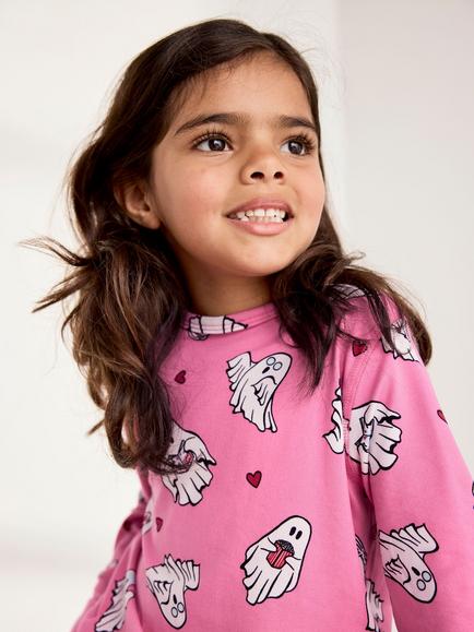 Chelsea Peers Kids' Halloween Ghost Print Long Pyjama Set, Bright Pink/Multi - view 2, Bright Pink/Multi