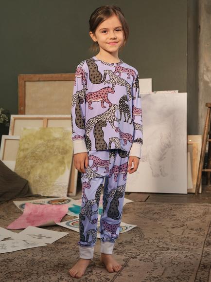 Chelsea Peers Kids' Starry Leopard Print Long Pyjama Set, Lilac/Multi, Lilac/Multi