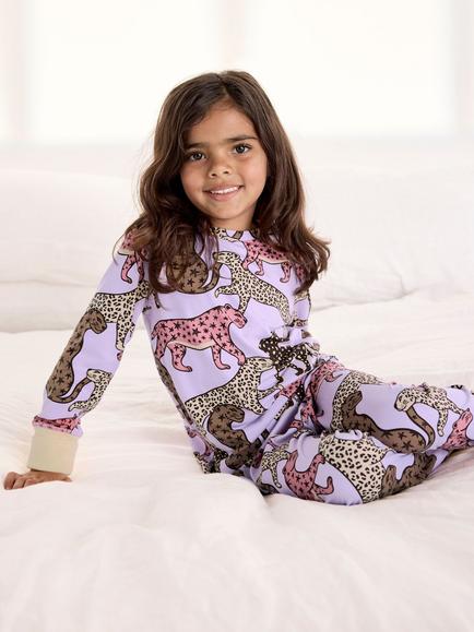 Chelsea Peers Kids' Starry Leopard Print Long Pyjama Set, Lilac/Multi - view 2, Lilac/Multi