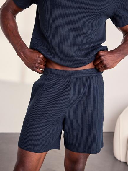 Chelsea Peers Cotton Blend Waffle Lounge Shorts, Navy - view 2, Navy