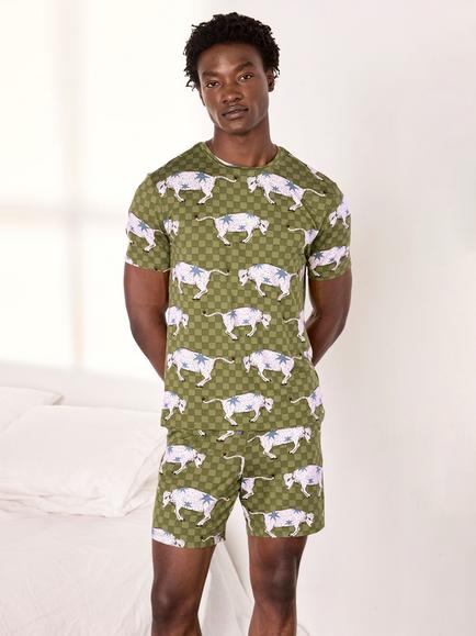 Chelsea Peers Checkerboard Bison Print Short Pyjama Set, Olive, Olive