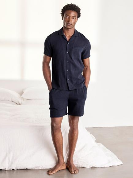 Chelsea Peers Cotton Cheesecloth Embroidered Starry Leopard Short Pyjama Set, Navy - view 2, Navy
