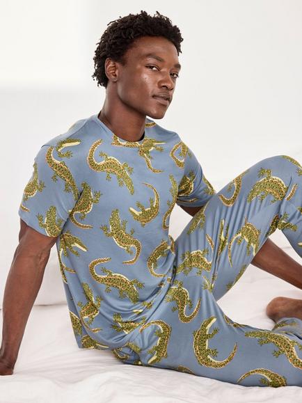 Chelsea Peers Crocodile Lagoon Print T-Shirt Pyjama Set, Blue - view 2, Blue