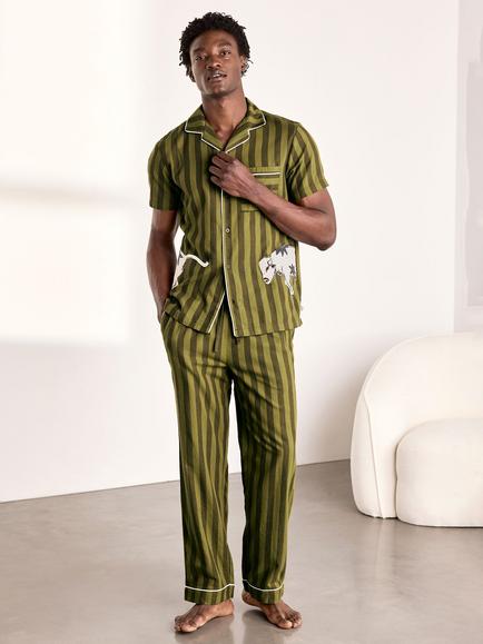 Chelsea Peers Cotton Embroidered Bison Stripe Short Sleeve Pyjama Set, Multi, Multi