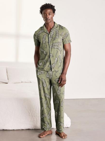 Chelsea Peers Cotton Lino Cut Leopard Print Short Sleeve Pyjama Set, Green, Green