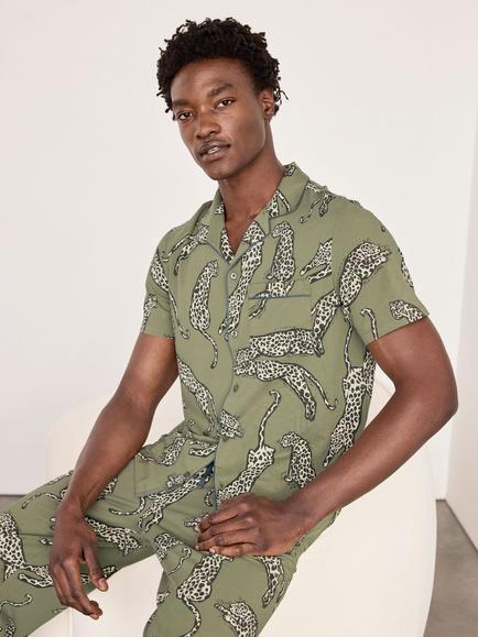 Chelsea Peers Cotton Lino Cut Leopard Print Short Sleeve Pyjama Set, Green - view 2, Green