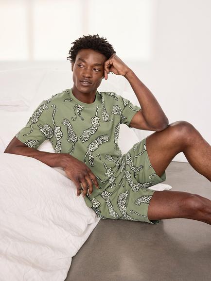 Chelsea Peers Cotton Lino Cut Leopard Print Short Pyjama Set, Green, Green