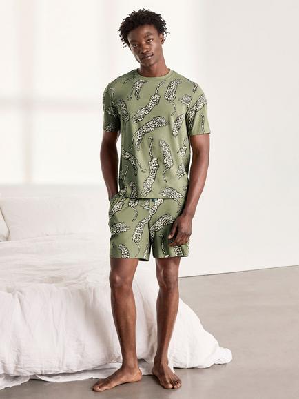 Chelsea Peers Cotton Lino Cut Leopard Print Short Pyjama Set, Green - view 2, Green