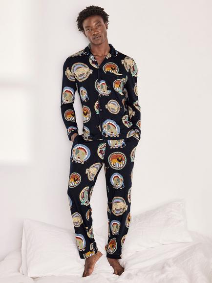 Chelsea Peers Safari Animal Plate Print Pyjama Set, Navy, Navy