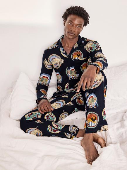 Chelsea Peers Safari Animal Plate Print Pyjama Set, Navy - view 2, Navy
